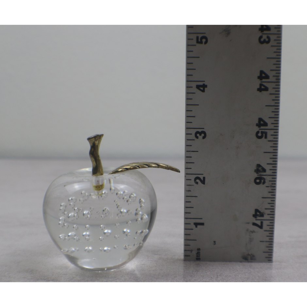 R.O.C. Hand Blown Art Glass Clear Bullicante Apple Paperweight with Brass Stem - Picture 2 of 6